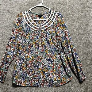 Talbots Woman’s Floral Cotton Blouse Colorful Long Sleeve Top Size Petite Large